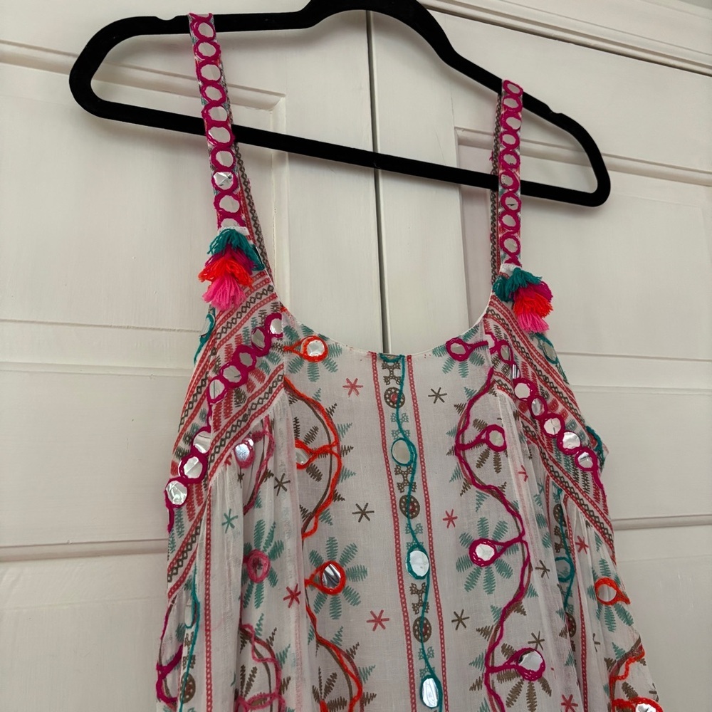 Juliet Dunn London Tribal Tassel Maxi Dress White Jade Embroidered Size 2 US 6/8 - Picture 3 of 16